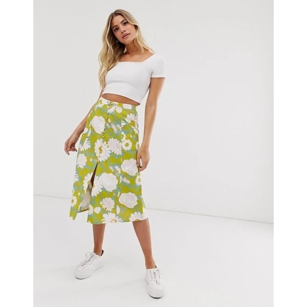 ASOS Button Front Midi Skirt 10 Olive Green White Vintage Floral Boho Cottage